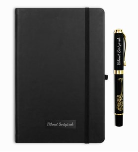Kişiye Özel Siyah Defter & Kişiye Özel Besmele Kabartmalı Roller Kalem