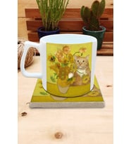 Kediler ve Sanat/Van Gogh Set 10 - Vase with Fifteen Sunflowers (Onbeş Ayçiçekli Vazo) Yelken Fincan Kupa-Taş Bardak Altlığı 10