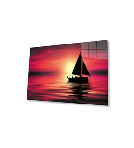 Denizde Gün Batımı Cam Tablo 4mm Dayanıklı Temperli Cam Sunset at Sea Glass Wall Art (Çok Renkli)