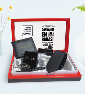 BK Gift Kişiye Özel Dünyanın En İyi Babası Tasarımlı Mesajlı Kutuda Cüzdan Çakmak Kalem Anahtarlık Kravat ve Kol Düğmesi Hediye Seti-6
