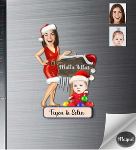Kişiye Özel Yılbaşı Anne Çocuk Ahşap Magnet -1