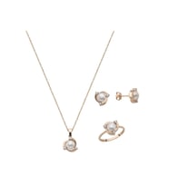 Zirkon Taşlı Doğal İnci Küpe Kolye Yüzük Üçlü Set (Rose)