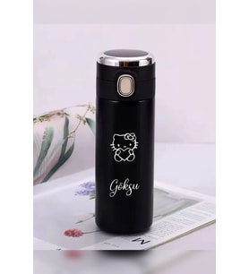 Kişiye Özel 450 ML Dijital Isı Göstergeli Kilitli Kapaklı Paslanmaz Çelik Hello Kitty Baskılı Termos (Siyah)
