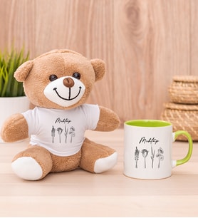 Kişiye Özel Karakalem Çizimli Çiçekler Peluş Ayı ve Yeşil Kupa