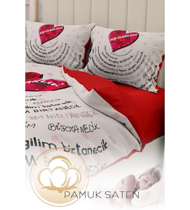 Çift Kişilik ( Lastikli Çarşaflı ) Sevgililer Günü Nevresim Takımı % 100 Pamuk Saten Birtanem