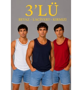 Erkek 3’lü Kolsuz Sporcu Atlet Seti Yazlık Bisiklet Yakalı - Lacivert, Kırmızı, Beyaz