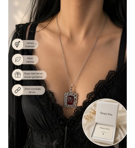 Gotik Örümcek Kabartmalı Çerçeve Kolye Unisex Vintage Kırmızı Detaylı 60 cm Zincir