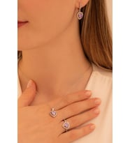 Kadın Gümüş Set - Kalp Model Ametist Taşlı Zirkon Süslemeli Rodyumlu Kadın Set