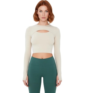 Moda Bisiklet Yaka Örme Fit Düz Desen Sportswear Crop Uzun Kol Bluz