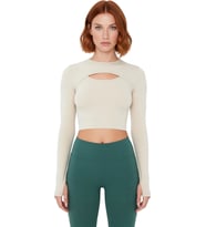 Moda Bisiklet Yaka Örme Fit Düz Desen Sportswear Crop Uzun Kol Bluz