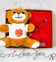 Kişiye Özel Hediye Seti-  Peluş Ayıcık - Çizgili Defter - Tükenmez Kalem - Özel Tasarım Hediye Kutusu