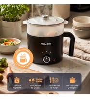 ROVOS RV-5100 Elektrikli Mini Tencere 1,8 L, Buharlı Pişirme Aparatlı, Yapışmaz Tencere, Ramen, Makarna, Çorba ve Yemek Pişirici