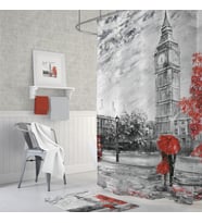 Banyo Perdesi BigBen Londra Desenli Dijital Baskılı Solmaz Su Geçirmez Duş Perdesi 12 C Halka Hediye (Çok Renkli)
