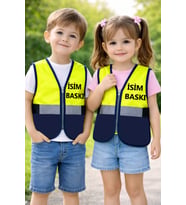 FERMUARLI REFLEKTÖRLÜ ÇOCUK ETKİNLİK YELEĞİ (isim baskısı yapılır) (Lacivert - Neon Yeşil)