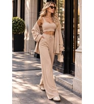 Kadın Bej Örme 3’lü Takım Gömlek Askılı Büstiyer ve Bol Paça Pantolon Set