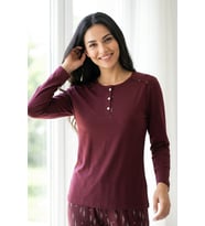 Kadın Pamuklu Uzun Kollu Üç Düğmeli Biyeli Soft Örme Pijama Takımı Bordo