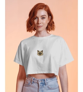 Minimal Siyam Kedi Baskılı Beyaz Crop Tişört Kadın Rahat Kalıp