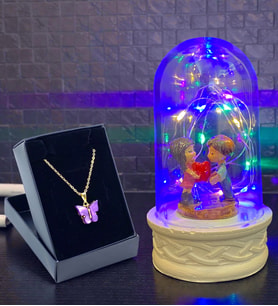 Renkli Led Işıklı Tasarım Fanus ve Mor Kelebek Kolye Hediye Seti (Model 5)