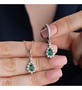 Vaoov 925 Ayar Gümüş Yeşil Damla Taşlı Set