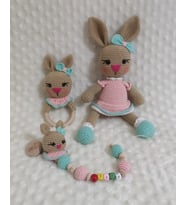 Şık Elbiseli Tavşan Takım Seti Amigurumi Organik Oyuncak