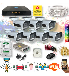 Qromax 7 Kameralı Set - Yapay Zeka Özellikli Gece Renkli Gösteren 5MP SONY Lensli 4 Ultra Warm Ledli FULLHD Güvenlik Kamerası Seti 784W