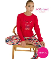 Kadın Bisiklet Yaka Düğmesiz Bilekler Lastikli/Jogger Yumuşak Termal Kışlık Pijama Takımı (Kırmızı)