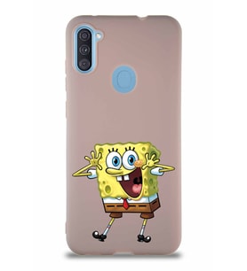 Samsung Galaxy M11 Soft Premier Kapak Sünger Bob Tasarımlı Silikon Kılıf - Pudra (Şeffaf)