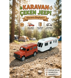 Metal Diecast Çek Bırak Jeep ve Karavan Seti - Açılabilir Kapılı Oyuncak Araba Macera Seti 31.5 cm