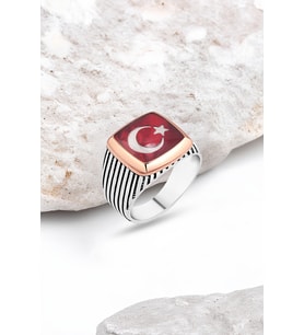 Mineli Türk Bayraklı Gümüş Erkek Yüzük