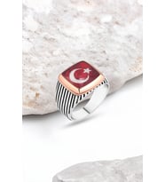 Mineli Türk Bayraklı Gümüş Erkek Yüzük