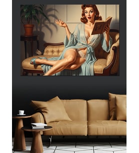 Yatakta Kitap Okuyan Pin-Up Dekoratif Kanvas - Mdf Ahşap Tablo