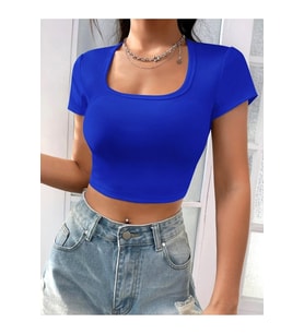 Kadın Kare & Havuz Yaka Crop T-shirt ,Likralı Fitilli Kaşkorse Kumaş
