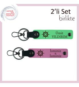 Sadelikte Zarafet Arayanlara, Gemi Dümeni Desenli Deri Anahtarlık Seti, Fıstık Yeşil-Pembe