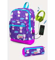 Coral High Kids Mor Pembe Kedi Desenli USB'li 2'li Okul Çanta Seti - Kız Çocuk