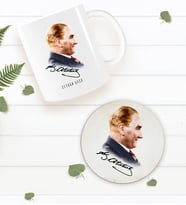 BK Gift Kişiye Özel Atatürk Temalı Beyaz Kupa Bardak ve Yuvarlak Ahşap Bardak Altlığı Hediye Seti -11