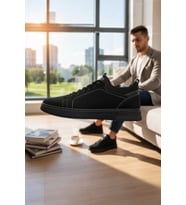 Enoch Hakiki Deri Siyah Süvet Dikişli Erkek Sneaker Ortopedik Taban