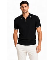 Erkek Fitilli Triko T-shirt Polo Yaka Yarım Fermuarlı Kısa Kollu Tişört - Siyah
