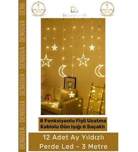 Gün Işığı 8 Fonksiyonlu Uzatma Kablolu Fişli 6 Saçaklı 12 Adet Ay Yıldız Perde Led 3m