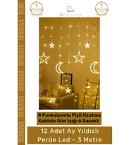 Gün Işığı 8 Fonksiyonlu Uzatma Kablolu Fişli 6 Saçaklı 12 Adet Ay Yıldız Perde Led 3m