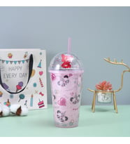 Panda Işıklı ve Pipetli Bardak, 450 ml, Buzlu ve Kapaklı, Pembe, 20x8 (Pembe)