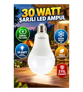30W Şarjlı LED Ampul E27 – Soğuk Beyaz Enerji Tasarruflu Aydınlatma