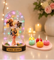 Kişiye Özel Yazılı 3 Fotoğraflı Renkli LED Işıklı Fanus (şans meleği) ve 5'li Kokulu Makaron Mum Seti