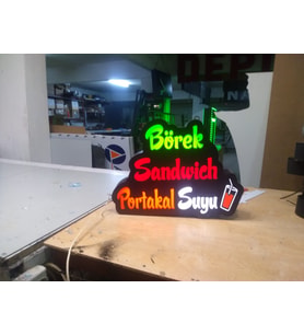 Börek Sandwich Portakal Suyu Yazılı Tabela 3D Led Neon Etkili Işıklı Tabela 30X45 CM Tek Taraflı