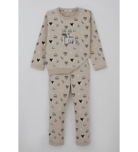 Breeze Kız Bebek Eşofman Takımı Kalp Desenli 9 Ay-3 Yaş, Bej
