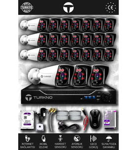 TURKNO 24 Kameralı Karia 24 Dış Kamera Set 500 GB HDD Full HD Gece Görüşlü Güvenlik Kamerası Sistemi