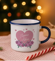 BK Gift Kişiye Özel Çiçek Tasarımlı Lacivert Emaye Kupa Bardak -20, Arkadaşa Hediye, Sevgiliye Hediye