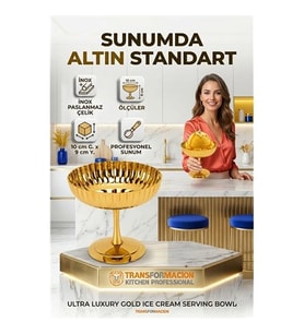 2'Li Profesyonel İnox Gold Paslanmaz Çelik Ayaklı Dondurma Tatlı Sunum Kasesi Seti 723150
