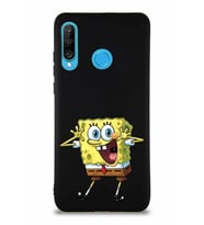 Huawei P30 Lite Soft Premier Kapak Sünger Bob Tasarımlı Silikon Kılıf - Siyah (Şeffaf)