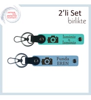 Anıları Yakala, Sevdiğine Özel Kamera Motifli 2’li Anahtarlık Seti, Turkuaz-Gök Mavi