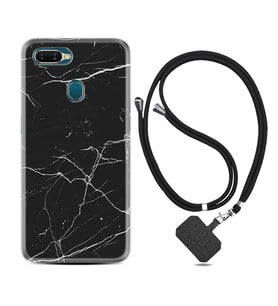 Oppo A5S A15 A16 A54 A55 A73 A74 Kılıf Boyun Askılı Silikon Siyah Mermer 1299